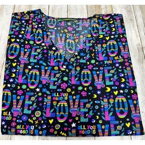 Green Town Love Peace Sign Scrub Top Womens 2X Black V-Neck Short Sleeve EUC